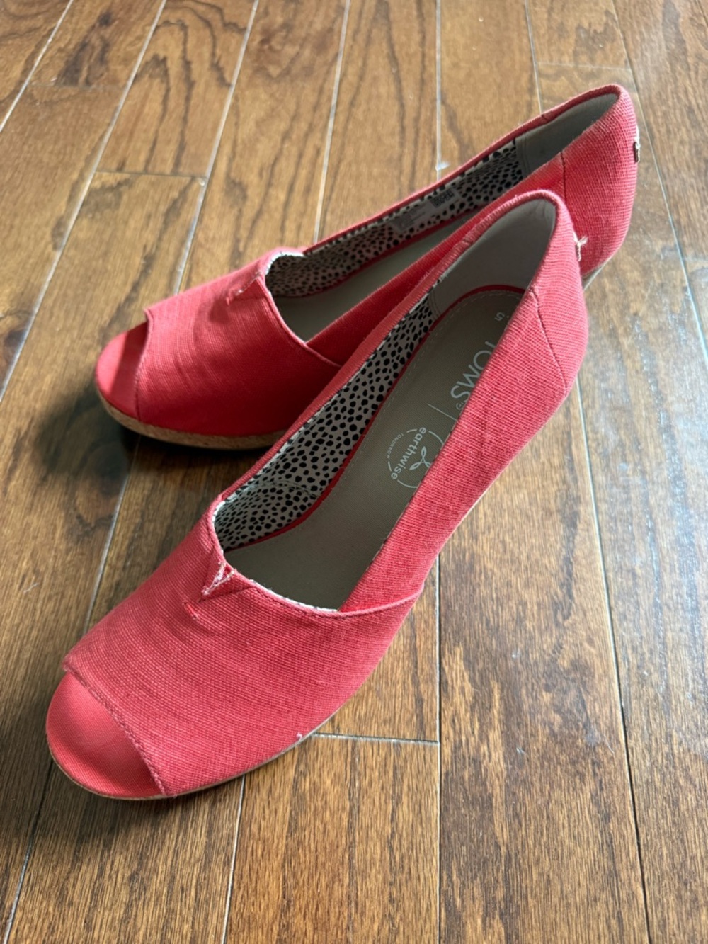 TOMS Red Canvas Michelle Peep-Toe Wedge Heels size 9.5 / 3.5 inch heel